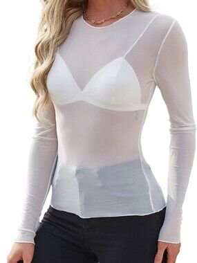 Mesh Sheer Long Sleeve white top (XL)